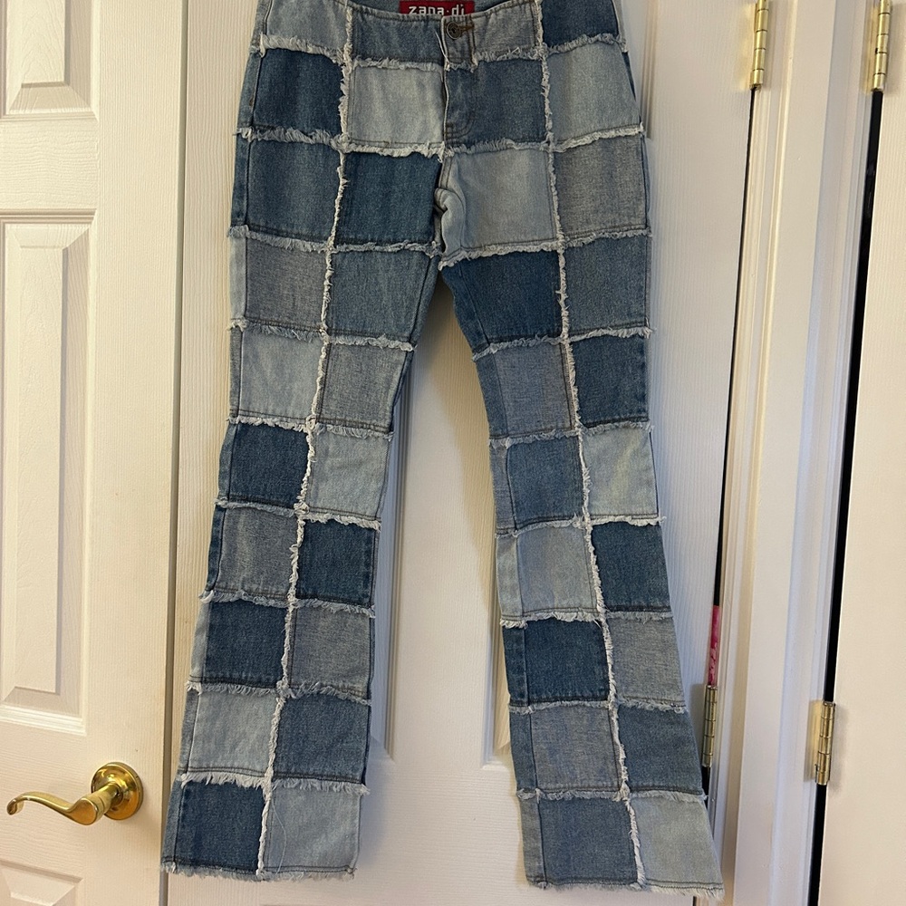 Vtg 90s Y2K Zana Di Patchwork Jeans 3 Multi-Tone Blue Denim Flare Boho Grunge